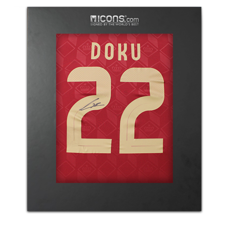 Jeremy Doku Back Signed Belgium 2024 Home Shirt In Deluxe Packaging