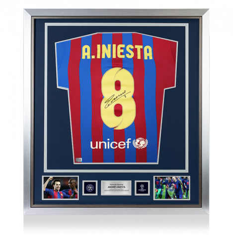 Andres Iniesta Official UEFA Champions League Back Signed and Framed FC Barcelona 2020-21 Home Shirt