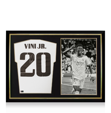 Vinicius Jr Back Signed Real Madrid Modern Home Shirt and Original Artwork In Hero Frame: Limited Edition 1/1