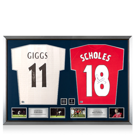 Ryan Giggs & Paul Scholes Official UEFA Champions League Signed and Dual Framed Manchester United Shirts