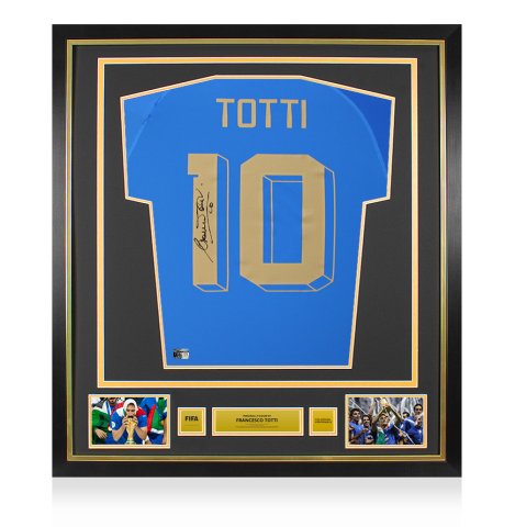 Francesco Totti Official FIFA World Cup™ Back Signed and Framed Italy 2022-23 Home Shirt - Gold Bundle Francesco Totti Official FIFA World Cup™ Back Signed and Framed Italy 2022-23 Home Shirt - Gold Bundle