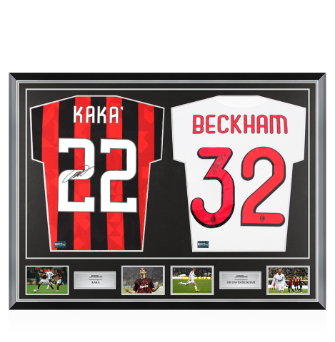 Kaka & Sir David Beckham Signed AC Milan Shirts In Classic Dual Frame Kaka & Sir David Beckham Signed AC Milan Shirts In Classic Dual Frame