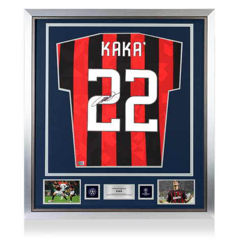 Kaka Official UEFA Champions League Back Signed and Framed AC Milan Retro Shirt Kaka Official UEFA Champions League Back Signed and Framed AC Milan Retro Shirt