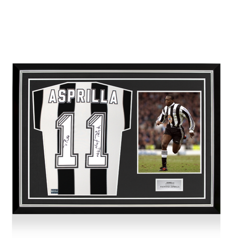 Faustino Asprilla Back Signed Newcastle United 1995-96 Home Shirt - Hat Trick Hero Inscription In Hero Frame: Option 1