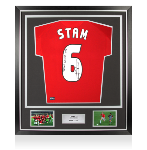 Jaap Stam Back Signed Manchester United 1999 UEFA Champions League Shirt - Treble Winner 1999 Inscription In Classic Frame Jaap Stam Back Signed Manchester United 1999 UEFA Champions League Shirt - Treble Winner 1999 Inscription In Classic Frame
