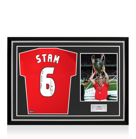 Jaap Stam Back Signed Manchester United 1999 UEFA Champions League Shirt - Treble Winner 1999 Inscription In Hero Frame: Option 1 Jaap Stam Back Signed Manchester United 1999 UEFA Champions League Shirt - Treble Winner 1999 Inscription In Hero Frame: Option 1