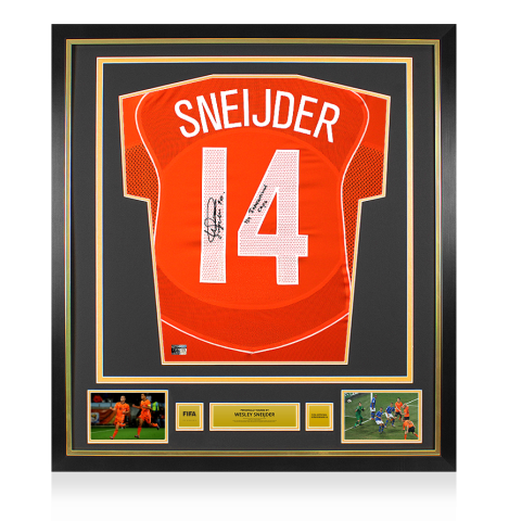 Wesley Sneijder Official FIFA World Cup™ Back Signed and Framed Netherlands 2004 Home Shirt : '134 International Caps' Inscription