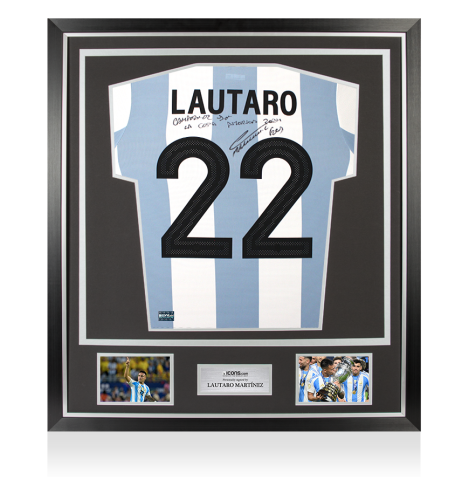 Lautaro Martinez Back Signed Argentina 2024 Home Shirt - Campones De La Copa America 2024 Inscription In Classic Frame