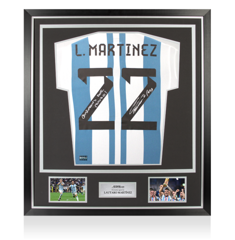 Lautaro Martinez Back Signed Argentina 2022 Home Shirt - Campones Del Mundo Inscription In Classic Frame