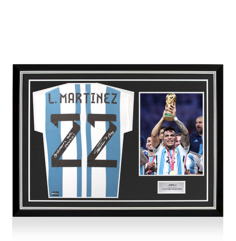 Lautaro Martinez Back Signed Argentina 2022 Home Shirt - Campones Del Mundo Inscription In Hero Frame: Option 1
