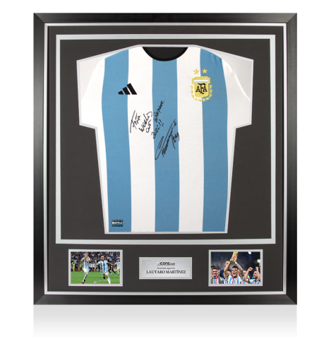Lautaro Martinez Front Signed Argentina 2022 Home Shirt - FIFA World Cup Winner 2022 Inscription In Classic Frame