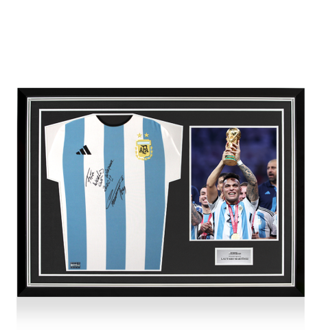 Lautaro Martinez Front Signed Argentina 2022 Home Shirt - FIFA World Cup Winner 2022 Inscription In Hero Frame: Option 1