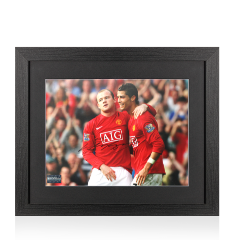 Wayne Rooney Signed Manchester United Photo In Black Wooden Frame: Celebration with Cristiano Ronaldo