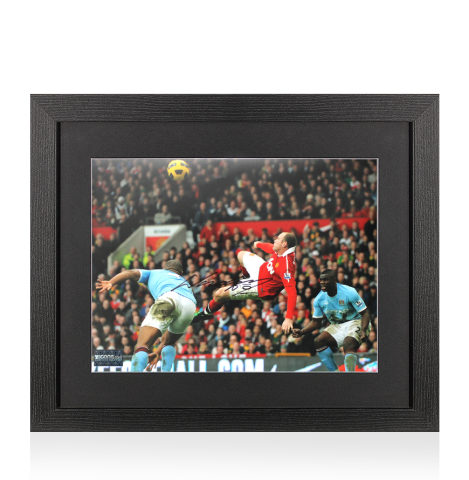 Wayne Rooney Signed Manchester United Photo In Black Wooden Frame: Overhead Kick vs Manchester City