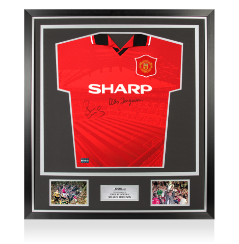 Paul Scholes and Sir Alex Ferguson signed Manchester United 1996 home shirt Classic framed