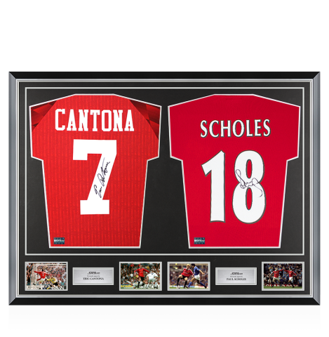 Paul Scholes & Eric Cantona Signed Manchester United Shirts In Classic Dual Frame Paul Scholes & Eric Cantona Signed Manchester United Shirts In Classic Dual Frame