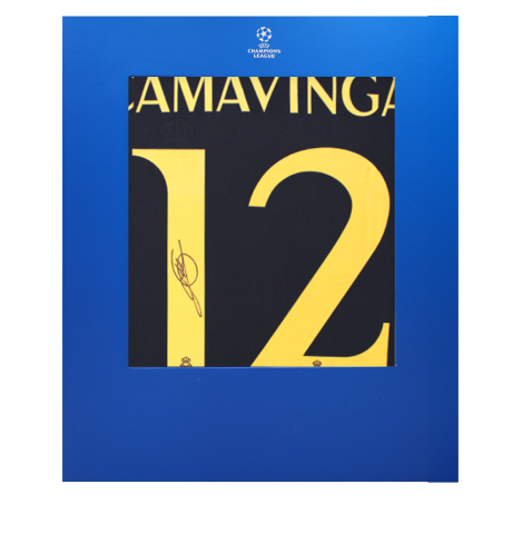 Eduardo Camavinga Official UEFA Champions League Back Signed Real Madrid 2023-24 Away Shirt In Deluxe Packaging