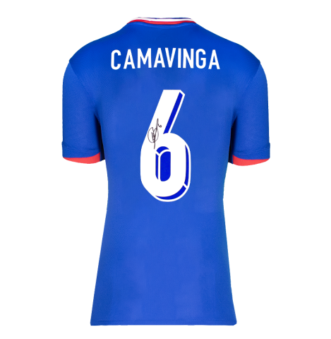 Eduardo Camavinga Back Signed France 2024 Home Shirt With Fan Style Number In Deluxe Packaging
