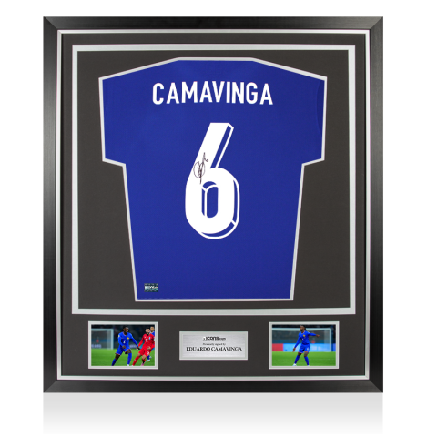 Eduardo Camavinga Back Signed France 2024 Home Shirt With Fan Style Number In Classic Frame