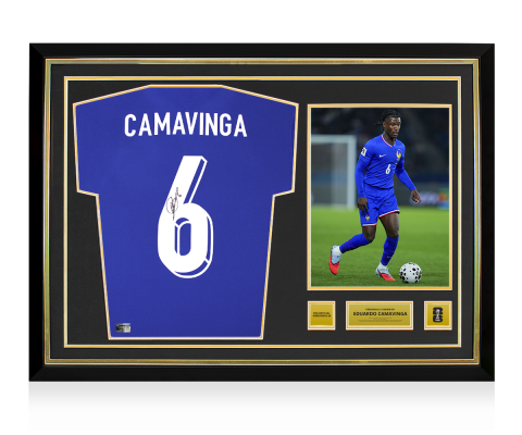 Eduardo Camavinga Official 2026 FIFA World Cup™ Back Signed and Hero Framed France 2024 Home Shirt With Fan Style Number In Hero Frame: Option 1