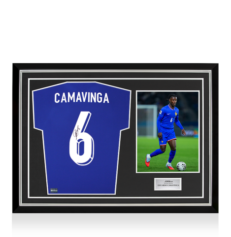 Eduardo Camavinga Back Signed France 2024 Home Shirt With Fan Style Number In Hero Frame: Option 1
