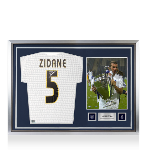 Zinedine Zidane Official UEFA Champions League Back Signed and Hero Framed Real Madrid 2024-25 Home Shirt with Fan Style Number Zinedine Zidane Official UEFA Champions League Back Signed and Hero Framed Real Madrid 2024-25 Home Shirt with Fan Style Number
