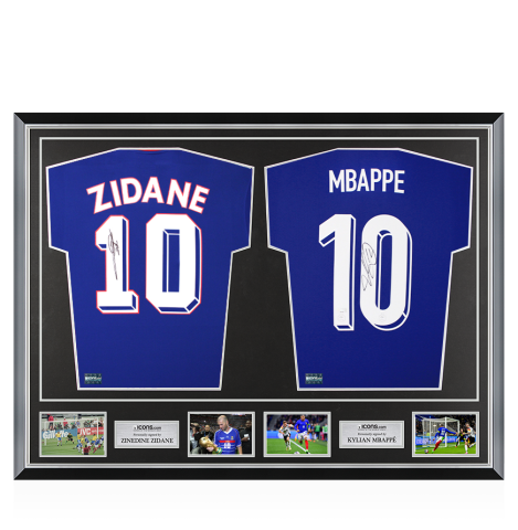 Zinedine Zidane & Kylian Mbappe Signed France Shirts In Classic Dual Frame Zinedine Zidane & Kylian Mbappe Signed France Shirts In Classic Dual Frame
