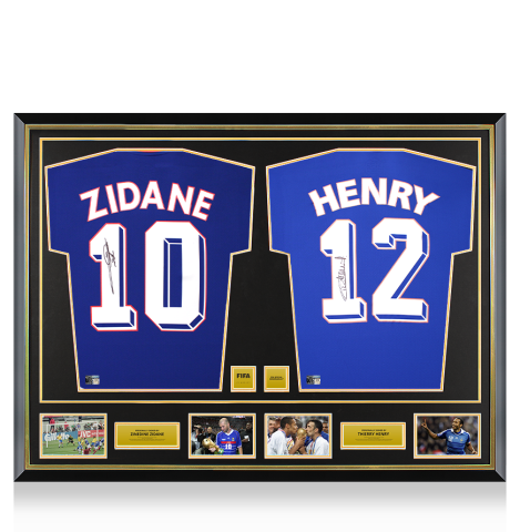 Zinedine Zidane & Thierry Henry Official FIFA World Cup™ Signed and Dual Framed France Home Shirts