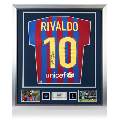 Rivaldo Official UEFA Champions League Back Signed and Framed FC Barcelona 2021-22 Home Shirt