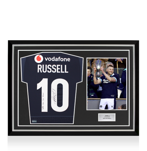 Finn Russell Back Signed Scotland 2025 Home Shirt - Doddie Weir Cup Winner Inscription In Hero Frame: Option 1