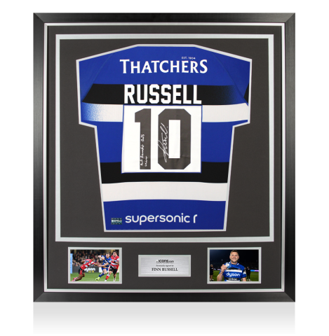 Finn Russell Back Signed Bath Rugby 2025 Home Shirt - Bath Premiership 2025 Winner Inscription In Classic Frame