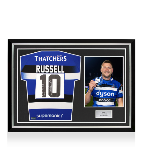 Finn Russell Back Signed Bath Rugby 2025 Home Shirt - Bath Premiership 2025 Winner Inscription In Hero Frame: Option 1