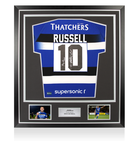 Finn Russell Back Signed Bath Rugby 2025 Home Shirt - King Finn Inscription In Classic Frame