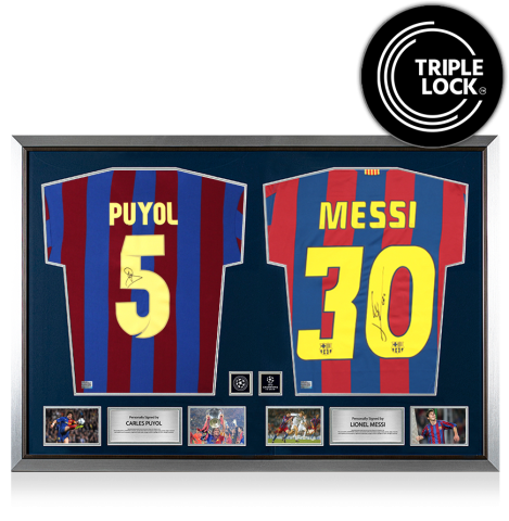 Carles Puyol & Lionel Messi Official UEFA Champions League Signed and Dual Framed FC Barcelona Shirts