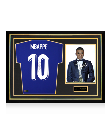 Kylian Mbappe Official Ballon d'Or™ Back Signed and Hero Framed France 2024 Home Shirt: 2018 Kopa Trophy Winner