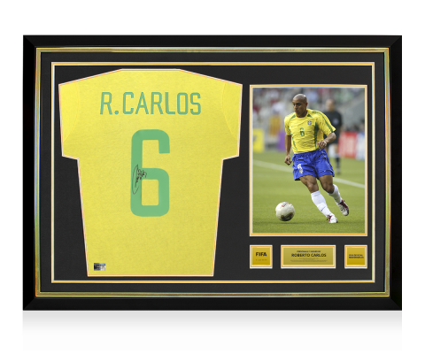 Roberto Carlos Official FIFA World Cup™ Front Signed and Hero Framed Brazil 1970 Retro T-Shirt Roberto Carlos Official FIFA World Cup™ Front Signed and Hero Framed Brazil 1970 Retro T-Shirt