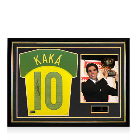 Kaka Official Ballon d'Or™ Back Signed and Hero Framed Brazil 2004 Reissue Home Shirt Kaka Official Ballon d'Or™ Back Signed and Hero Framed Brazil 2004 Reissue Home Shirt