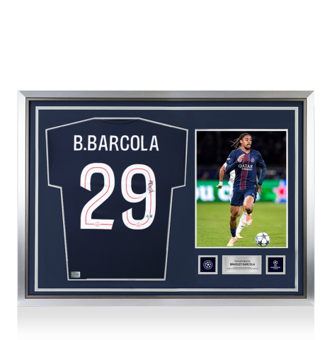 Bradley Barcola Official UEFA Champions League Back Signed and Hero Framed Paris Saint-Germain 2025-26 Home Shirt