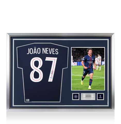 Joao Neves Official UEFA Champions League Back Signed and Hero Framed Paris Saint-Germain 2025-26 Home Shirt