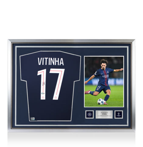 Vitinha Official UEFA Champions League Back Signed and Hero Framed Paris Saint-Germain 2025-26 Home Shirt