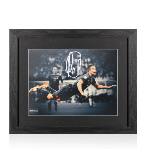 Robin van Persie Signed Netherlands Photo In Black Wooden Frame: Diving Header vs Spain