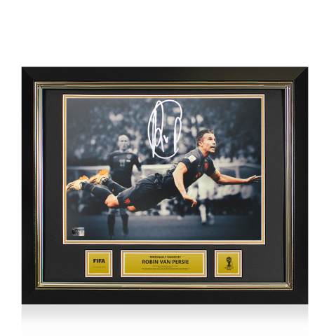 Robin van Persie Official 2014 FIFA World Cup™ Signed and Framed Netherlands Photo: Diving Header vs Spain
