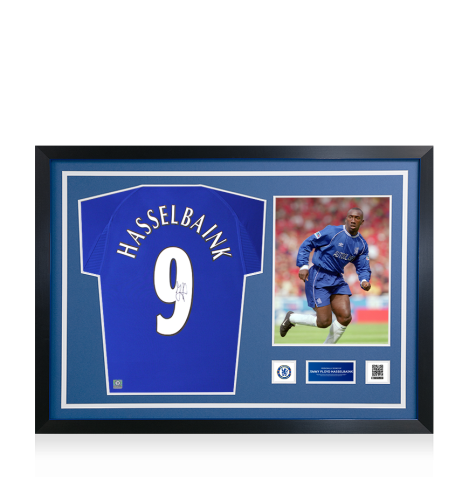 Jimmy Floyd Hasselbaink Official Chelsea FC Signed and Framed Chelsea 2000 Home Shirt