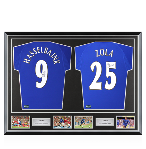 Jimmy Floyd Hasselbaink & Gianfranco Zola Signed Chelsea Shirts In Classic Dual Frame Jimmy Floyd Hasselbaink & Gianfranco Zola Signed Chelsea Shirts In Classic Dual Frame