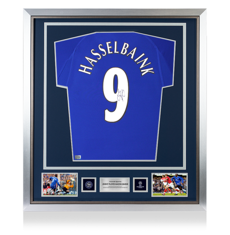 Jimmy Floyd Hasselbaink Official UEFA Champions League Back Signed and Framed Chelsea 2000 Home Shirt