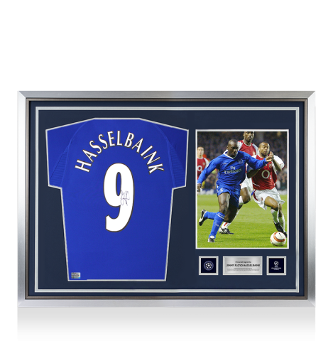 Jimmy Floyd Hasselbaink Official UEFA Champions League Back Signed and Hero Framed Chelsea 2000 Home Shirt