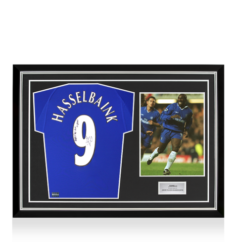 Jimmy Floyd Hasselbaink Back Signed Chelsea 2000 Home Shirt - Perfect Hat-Trick vs Spurs Inscription In Hero Frame: Option 1