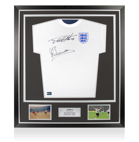 Sir Geoff Hurst & Michael Owen Dual Signed England T-Shirt In Classic Frame