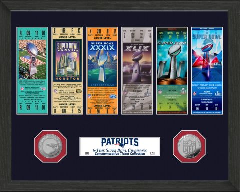 UNSIGNED New England Patriots Six-Time Super Bowl Champions Ticket Collection Silver Coin Frame