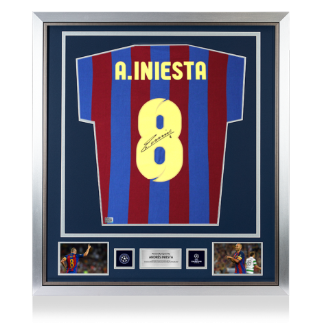 Andres Iniesta Official UEFA Champions League Back Signed and Framed Barcelona Retro Captain's Armband Shirt Andres Iniesta Official UEFA Champions League Back Signed and Framed Barcelona Retro Captain's Armband Shirt